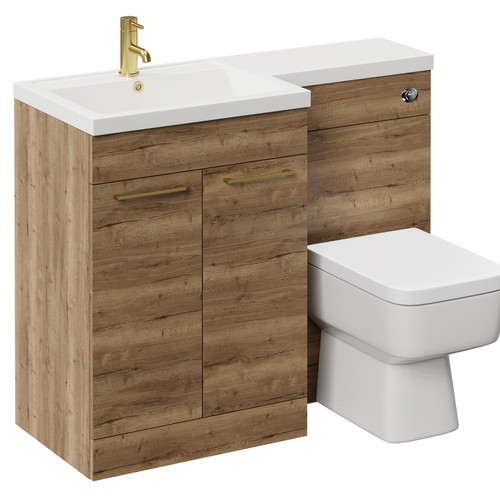 Napoli Combination Tobacco Oak 1100mm Vanity Unit Toilet Suite with Left Hand L Shaped 1 Tap Hole Basin and 2 Doors with Brushed Brass Handles Left Hand View