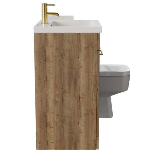 Napoli Combination Tobacco Oak 1100mm Vanity Unit Toilet Suite with Left Hand L Shaped 1 Tap Hole Basin and 2 Doors with Brushed Brass Handles Side View