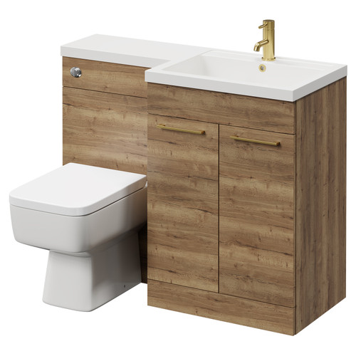 Napoli Combination Tobacco Oak 1100mm Vanity Unit Toilet Suite with Right Hand L Shaped 1 Tap Hole Basin and 2 Doors with Brushed Brass Handles Right Hand View