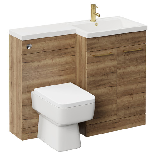 Napoli Combination Tobacco Oak 1100mm Vanity Unit Toilet Suite with Right Hand L Shaped 1 Tap Hole Basin and 2 Doors with Brushed Brass Handles Left Hand View