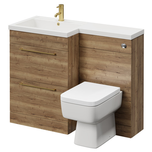 Napoli Combination Tobacco Oak 1100mm Vanity Unit Toilet Suite with Left Hand L Shaped 1 Tap Hole Basin and 2 Drawers with Brushed Brass Handles Right Hand View
