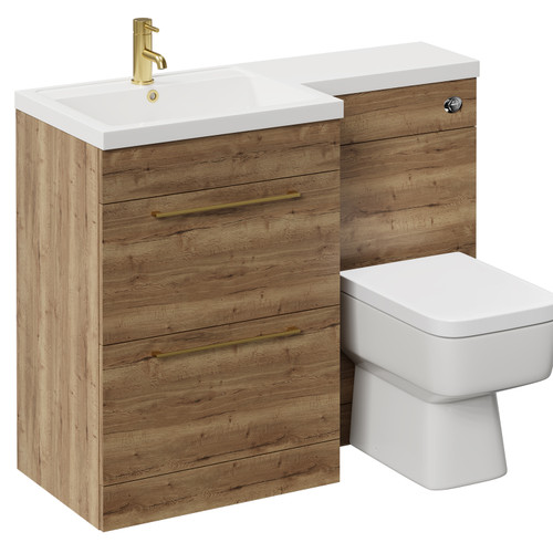 Napoli Combination Tobacco Oak 1100mm Vanity Unit Toilet Suite with Left Hand L Shaped 1 Tap Hole Basin and 2 Drawers with Brushed Brass Handles Left Hand View