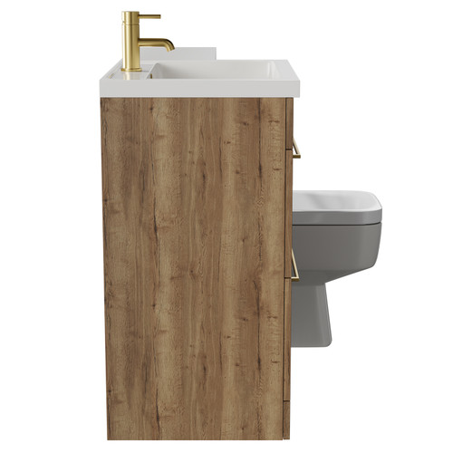 Napoli Combination Tobacco Oak 1100mm Vanity Unit Toilet Suite with Left Hand L Shaped 1 Tap Hole Basin and 2 Drawers with Brushed Brass Handles Side View