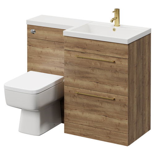Napoli Combination Tobacco Oak 1100mm Vanity Unit Toilet Suite with Right Hand L Shaped 1 Tap Hole Basin and 2 Drawers with Brushed Brass Handles Right Hand View