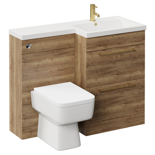 Napoli Combination Tobacco Oak 1100mm Vanity Unit Toilet Suite with Right Hand L Shaped 1 Tap Hole Basin and 2 Drawers with Brushed Brass Handles Left Hand View
