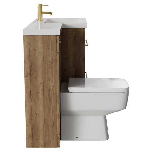 Napoli Combination Tobacco Oak 1100mm Vanity Unit Toilet Suite with Right Hand L Shaped 1 Tap Hole Basin and 2 Drawers with Brushed Brass Handles Side View