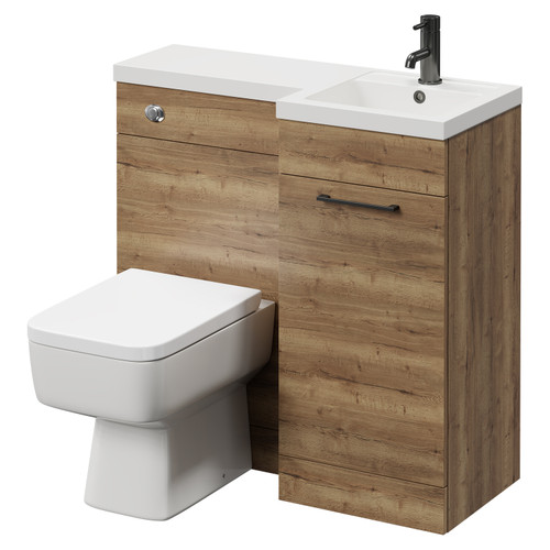 Napoli Combination Tobacco Oak 900mm Vanity Unit Toilet Suite with Right Hand L Shaped 1 Tap Hole Basin and Single Door with Gunmetal Grey Handle Right Hand View