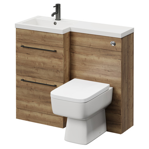 Napoli Combination Tobacco Oak 1000mm Vanity Unit Toilet Suite with Left Hand L Shaped 1 Tap Hole Basin and 2 Drawers with Gunmetal Grey Handles Right Hand View