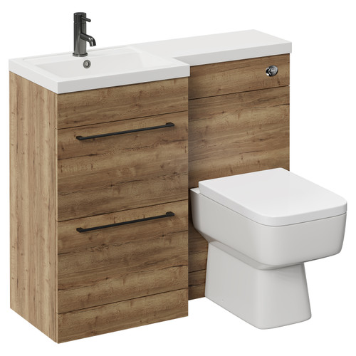 Napoli Combination Tobacco Oak 1000mm Vanity Unit Toilet Suite with Left Hand L Shaped 1 Tap Hole Basin and 2 Drawers with Gunmetal Grey Handles Left Hand View Napoli Combination Tobacco Oak 1000mm Vanity Unit Toilet Suite with Left Hand L Shaped 1 Tap Hole Basin and 2 Drawers with Gunmetal Grey Handles Left Hand View