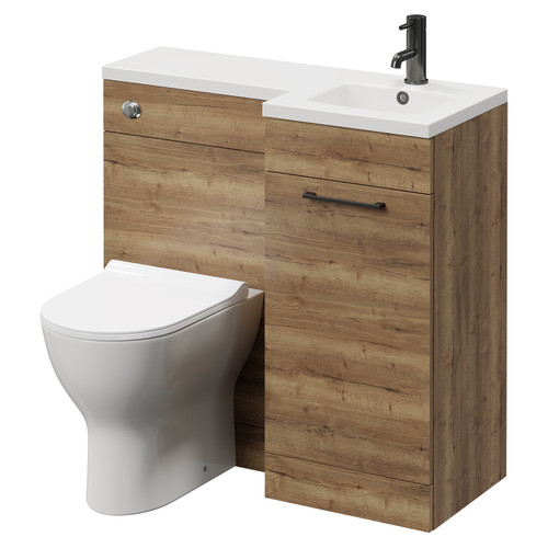 Napoli Combination Tobacco Oak 900mm Vanity Unit Toilet Suite with Right Hand L Shaped 1 Tap Hole Round Basin and Single Door with Gunmetal Grey Handle Right Hand View