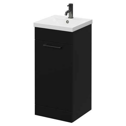 Napoli Matt Black 400mm Floor Standing Vanity Unit with 1 Tap Hole Glide Basin and Single Door with Gunmetal Grey Handle Right Hand View