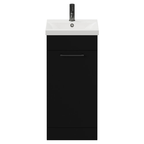 Napoli Matt Black 400mm Floor Standing Vanity Unit with 1 Tap Hole Glide Basin and Single Door with Gunmetal Grey Handle View from Front