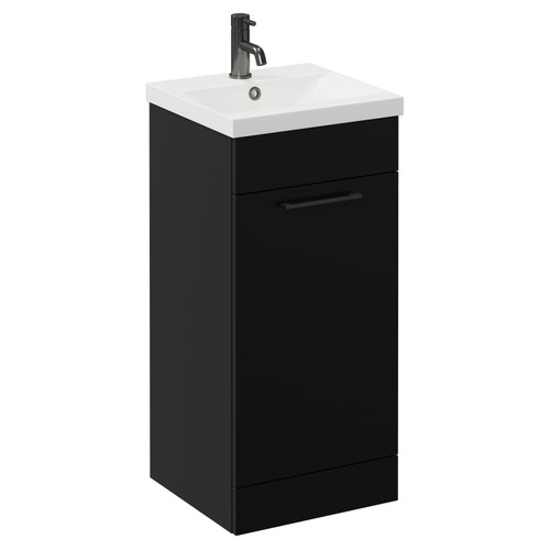 Napoli Matt Black 400mm Floor Standing Vanity Unit with 1 Tap Hole Glide Basin and Single Door with Gunmetal Grey Handle Left Hand View