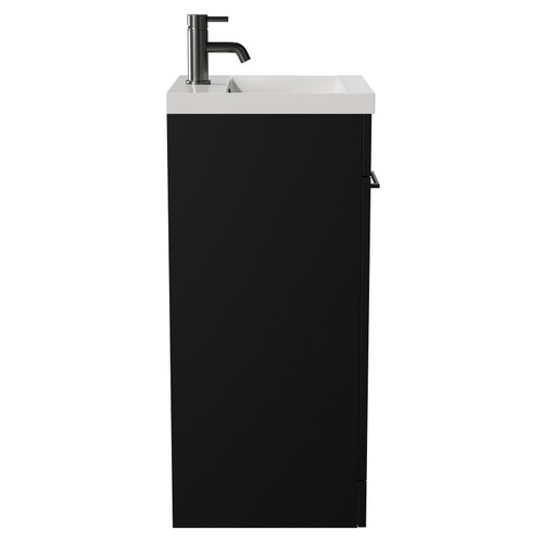 Napoli Matt Black 400mm Floor Standing Vanity Unit with 1 Tap Hole Glide Basin and Single Door with Gunmetal Grey Handle View from Side
