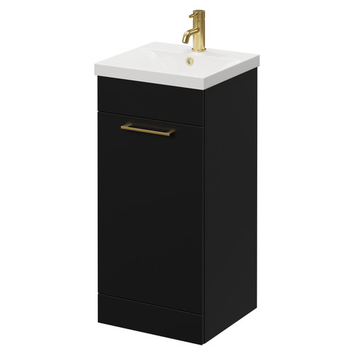 Napoli Matt Black 400mm Floor Standing Vanity Unit with 1 Tap Hole Glide Basin and Single Door with Brushed Brass Handle Right Hand View
