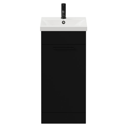 Napoli Matt Black 400mm Floor Standing Vanity Unit with 1 Tap Hole Glide Basin and Single Door with Matt Black Handle View from Front