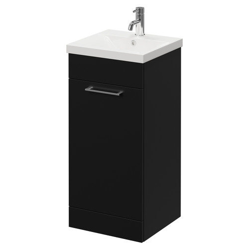 Napoli Matt Black 400mm Floor Standing Vanity Unit with 1 Tap Hole Glide Basin and Single Door with Chrome Handle Right Hand View