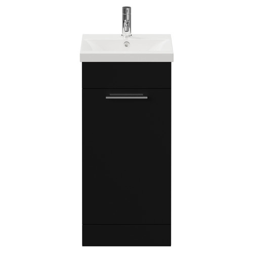 Napoli Matt Black 400mm Floor Standing Vanity Unit with 1 Tap Hole Glide Basin and Single Door with Chrome Handle View from Front
