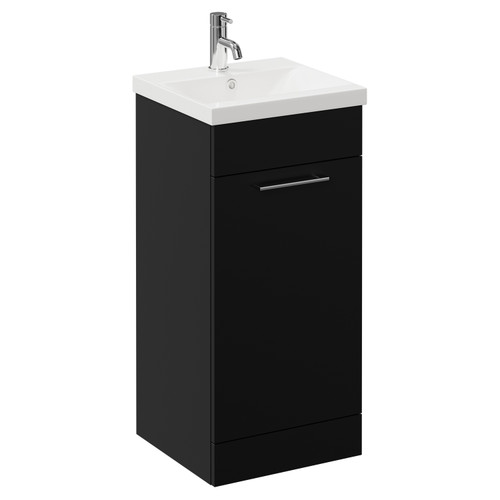 Napoli Matt Black 400mm Floor Standing Vanity Unit with 1 Tap Hole Glide Basin and Single Door with Chrome Handle Left Hand View