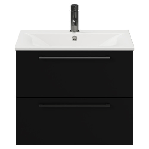 Napoli Matt Black 600mm Wall Mounted Vanity Unit with 1 Tap Hole Minimalist Basin and 2 Drawers with Gunmetal Grey Handles View from Front