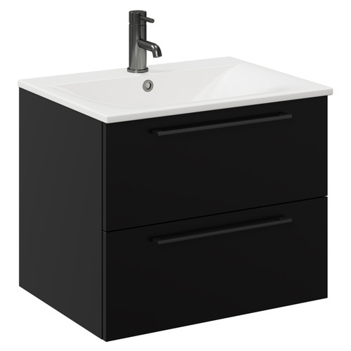 Napoli Matt Black 600mm Wall Mounted Vanity Unit with 1 Tap Hole Minimalist Basin and 2 Drawers with Gunmetal Grey Handles Left Hand View