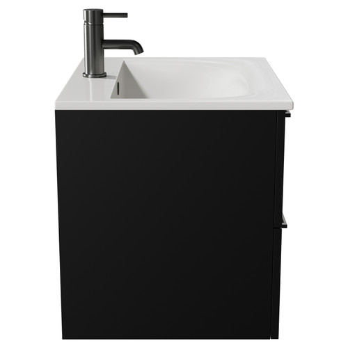 Napoli Matt Black 600mm Wall Mounted Vanity Unit with 1 Tap Hole Minimalist Basin and 2 Drawers with Gunmetal Grey Handles View from Side