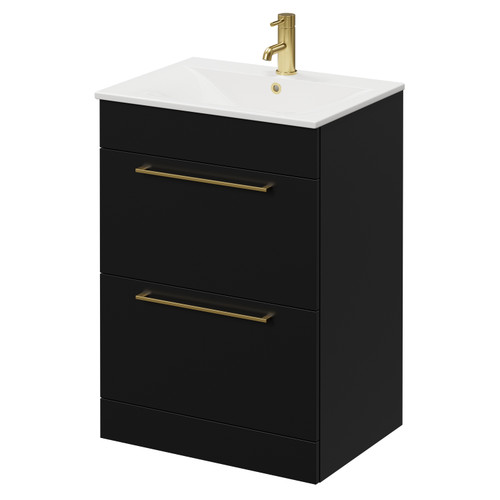 Napoli Matt Black 600mm Floor Standing Vanity Unit with 1 Tap Hole Minimalist Basin and 2 Drawers with Brushed Brass Handles Right Hand View