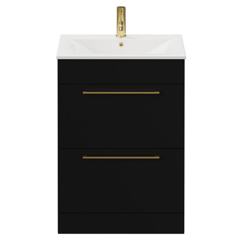 Napoli Matt Black 600mm Floor Standing Vanity Unit with 1 Tap Hole Minimalist Basin and 2 Drawers with Brushed Brass Handles View from Front