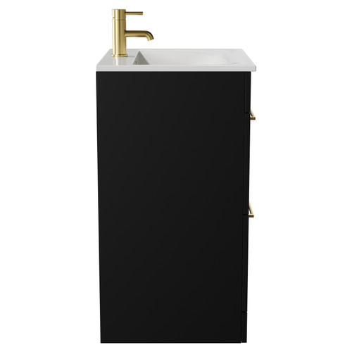 Napoli Matt Black 600mm Floor Standing Vanity Unit with 1 Tap Hole Minimalist Basin and 2 Drawers with Brushed Brass Handles View from Side