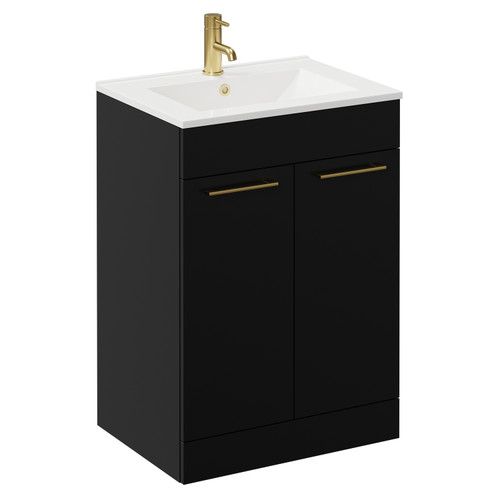 Napoli Matt Black 600mm Floor Standing Vanity Unit with 1 Tap Hole Minimalist Basin and 2 Doors with Brushed Brass Handles Left Hand View