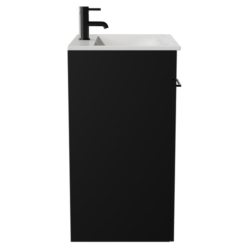 Napoli Matt Black 600mm Floor Standing Vanity Unit with 1 Tap Hole Minimalist Basin and 2 Doors with Matt Black Handles View from Side