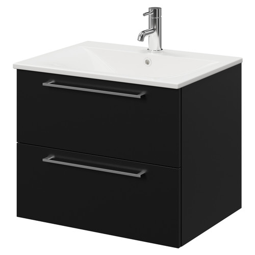 Napoli Matt Black 600mm Wall Mounted Vanity Unit with 1 Tap Hole Minimalist Basin and 2 Drawers with Chrome Handles Right Hand View
