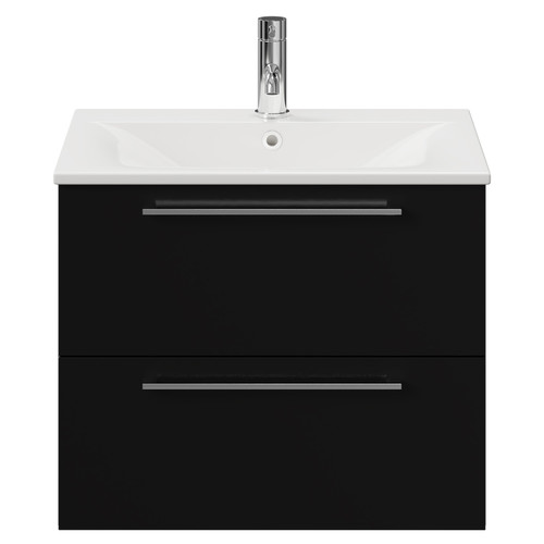 Napoli Matt Black 600mm Wall Mounted Vanity Unit with 1 Tap Hole Minimalist Basin and 2 Drawers with Chrome Handles View from Front