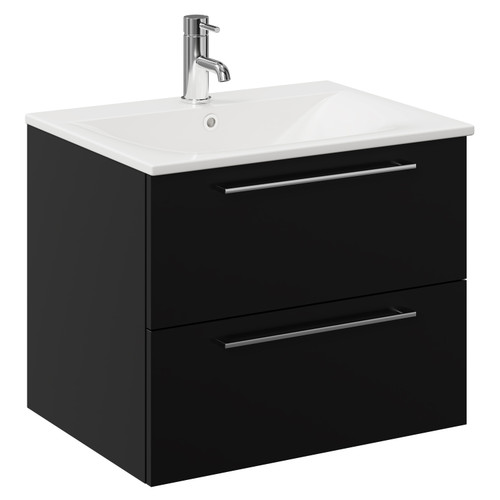 Napoli Matt Black 600mm Wall Mounted Vanity Unit with 1 Tap Hole Minimalist Basin and 2 Drawers with Chrome Handles Left Hand View