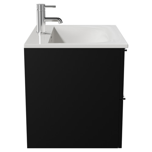 Napoli Matt Black 600mm Wall Mounted Vanity Unit with 1 Tap Hole Minimalist Basin and 2 Drawers with Chrome Handles View from Side
