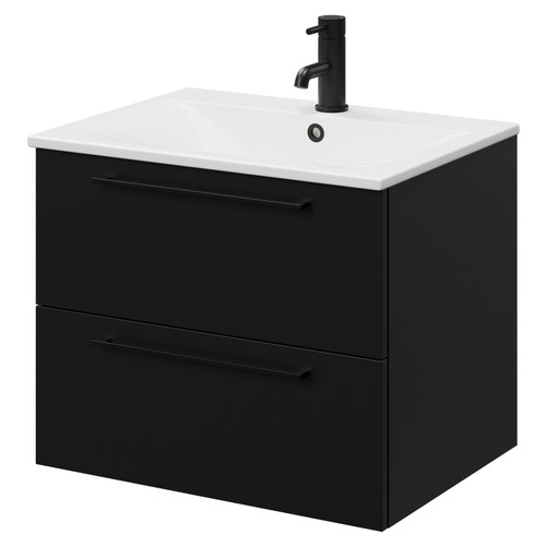 Napoli Matt Black 600mm Wall Mounted Vanity Unit with 1 Tap Hole Minimalist Basin and 2 Drawers with Matt Black Handles Right Hand View