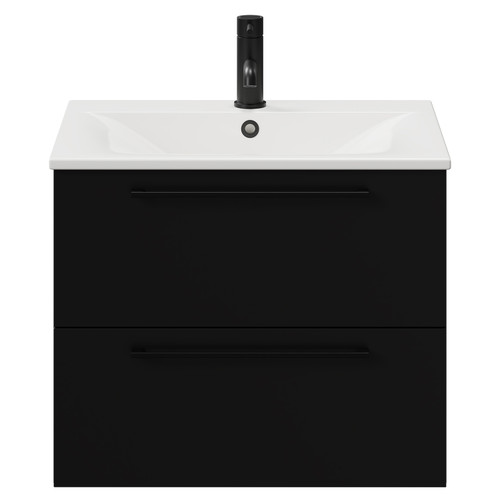 Napoli Matt Black 600mm Wall Mounted Vanity Unit with 1 Tap Hole Minimalist Basin and 2 Drawers with Matt Black Handles View from Front