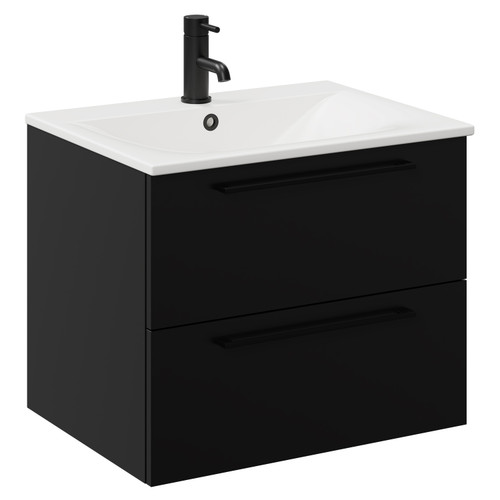 Napoli Matt Black 600mm Wall Mounted Vanity Unit with 1 Tap Hole Minimalist Basin and 2 Drawers with Matt Black Handles Left Hand View