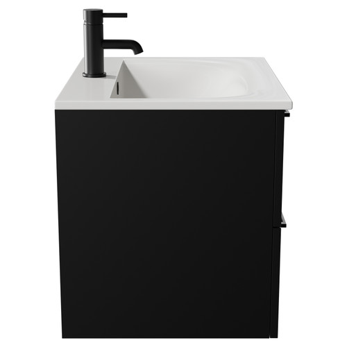 Napoli Matt Black 600mm Wall Mounted Vanity Unit with 1 Tap Hole Minimalist Basin and 2 Drawers with Matt Black Handles View from Side
