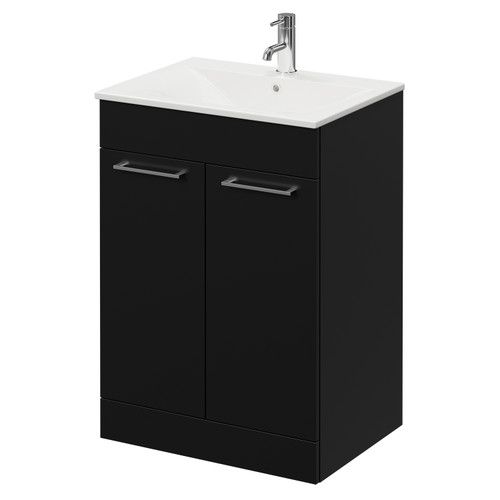 Napoli Matt Black 600mm Floor Standing Vanity Unit with 1 Tap Hole Minimalist Basin and 2 Doors with Chrome Handles Right Hand View