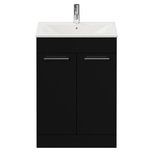 Napoli Matt Black 600mm Floor Standing Vanity Unit with 1 Tap Hole Minimalist Basin and 2 Doors with Chrome Handles View from Front