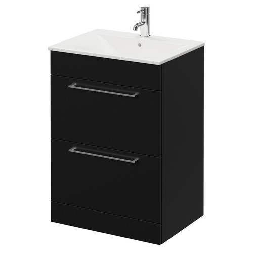 Napoli Matt Black 600mm Floor Standing Vanity Unit with 1 Tap Hole Minimalist Basin and 2 Drawers with Chrome Handles Right Hand View