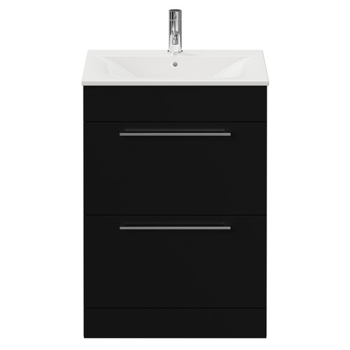 Napoli Matt Black 600mm Floor Standing Vanity Unit with 1 Tap Hole Minimalist Basin and 2 Drawers with Chrome Handles View from Front