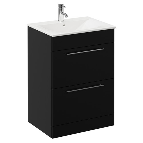 Napoli Matt Black 600mm Floor Standing Vanity Unit with 1 Tap Hole Minimalist Basin and 2 Drawers with Chrome Handles Left Hand View