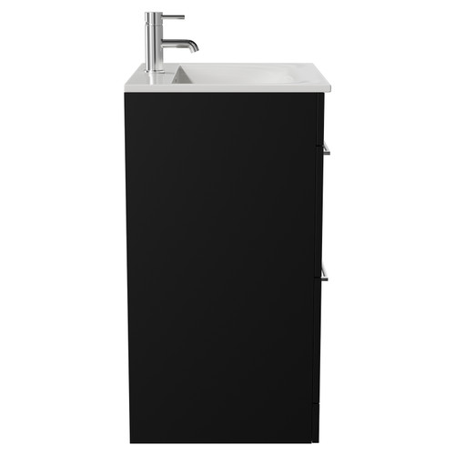 Napoli Matt Black 600mm Floor Standing Vanity Unit with 1 Tap Hole Minimalist Basin and 2 Drawers with Chrome Handles View from Side