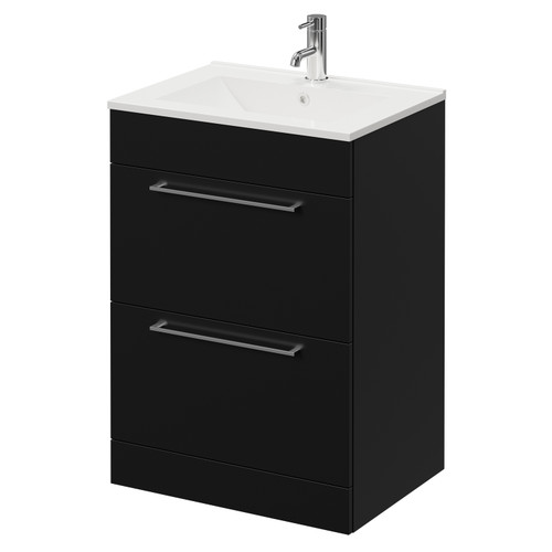 Napoli Matt Black 600mm Floor Standing Vanity Unit with 1 Tap Hole Minimalist Basin and 2 Drawers with Chrome Handles Right Hand View Napoli Matt Black 600mm Floor Standing Vanity Unit with 1 Tap Hole Minimalist Basin and 2 Drawers with Chrome Handles Right Hand View
