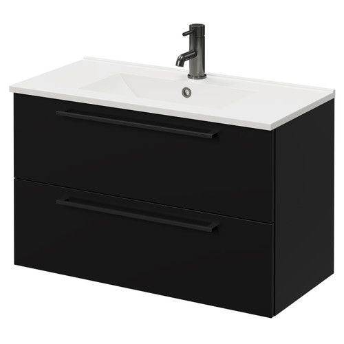 Napoli Matt Black 800mm Wall Mounted Vanity Unit with 1 Tap Hole Minimalist Basin and 2 Drawers with Gunmetal Grey Handles Right Hand View