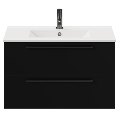 Napoli Matt Black 800mm Wall Mounted Vanity Unit with 1 Tap Hole Minimalist Basin and 2 Drawers with Gunmetal Grey Handles View from Front