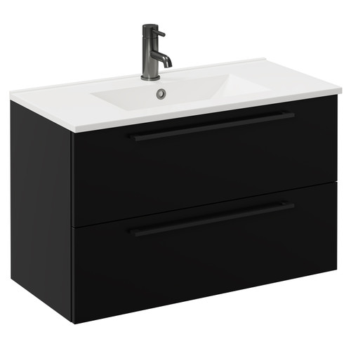 Napoli Matt Black 800mm Wall Mounted Vanity Unit with 1 Tap Hole Minimalist Basin and 2 Drawers with Gunmetal Grey Handles Left Hand View