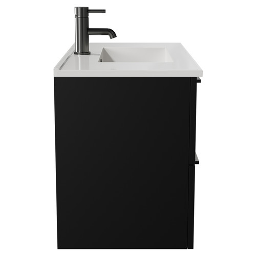 Napoli Matt Black 800mm Wall Mounted Vanity Unit with 1 Tap Hole Minimalist Basin and 2 Drawers with Gunmetal Grey Handles View from Side